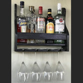 ONIJA  Wood Wine Rack - Wall Mounted - 4/8 Glasses and Bottles Holder | Mini Bar Cabinet for Home with Wine Glass Holder | Walnut (Black)